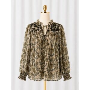 Farmers Market Boho‎ Popover Top Gold Metallic Lurex Black Embroidery Size Small